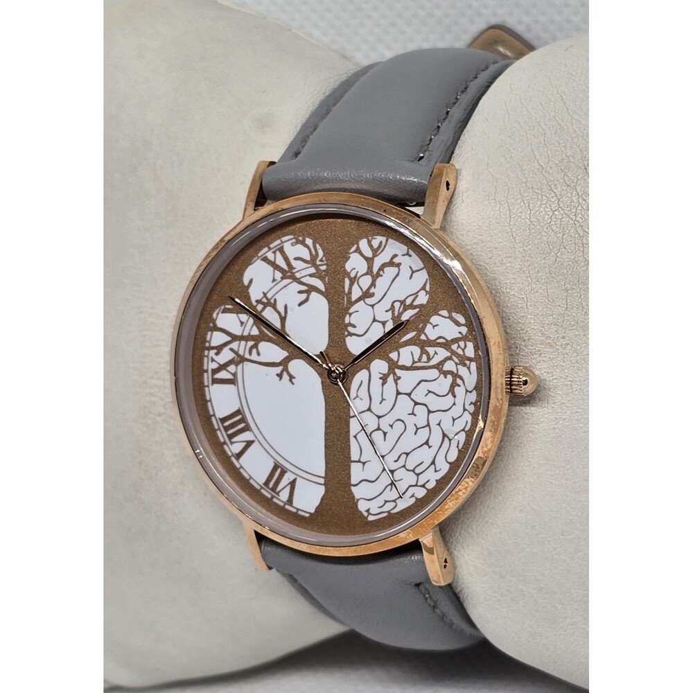 Women's Time Peace Tree of Life Rose Gold Tone Gray Leather Strap Watch 13 - Picture 2 of 9
